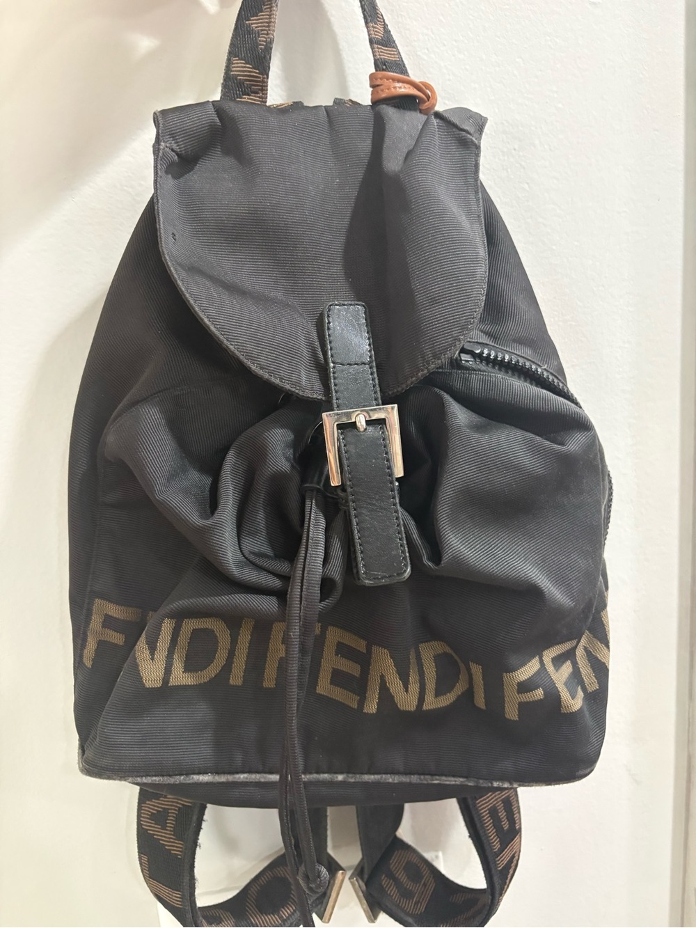 Fendi Black Nylon Logo Drawstring Backpack Vintage - Picture 3 of 11